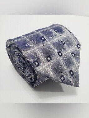 Leo Chevalier Men's Silk Neck Tie Silver & Blue Geometric Pattern 61x3.75"